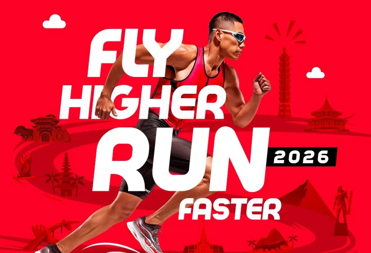 AirAsia RedRun 2026 promotional poster featuring a runner with the slogan “Fly Higher Run Faster” highlighting the regional running series