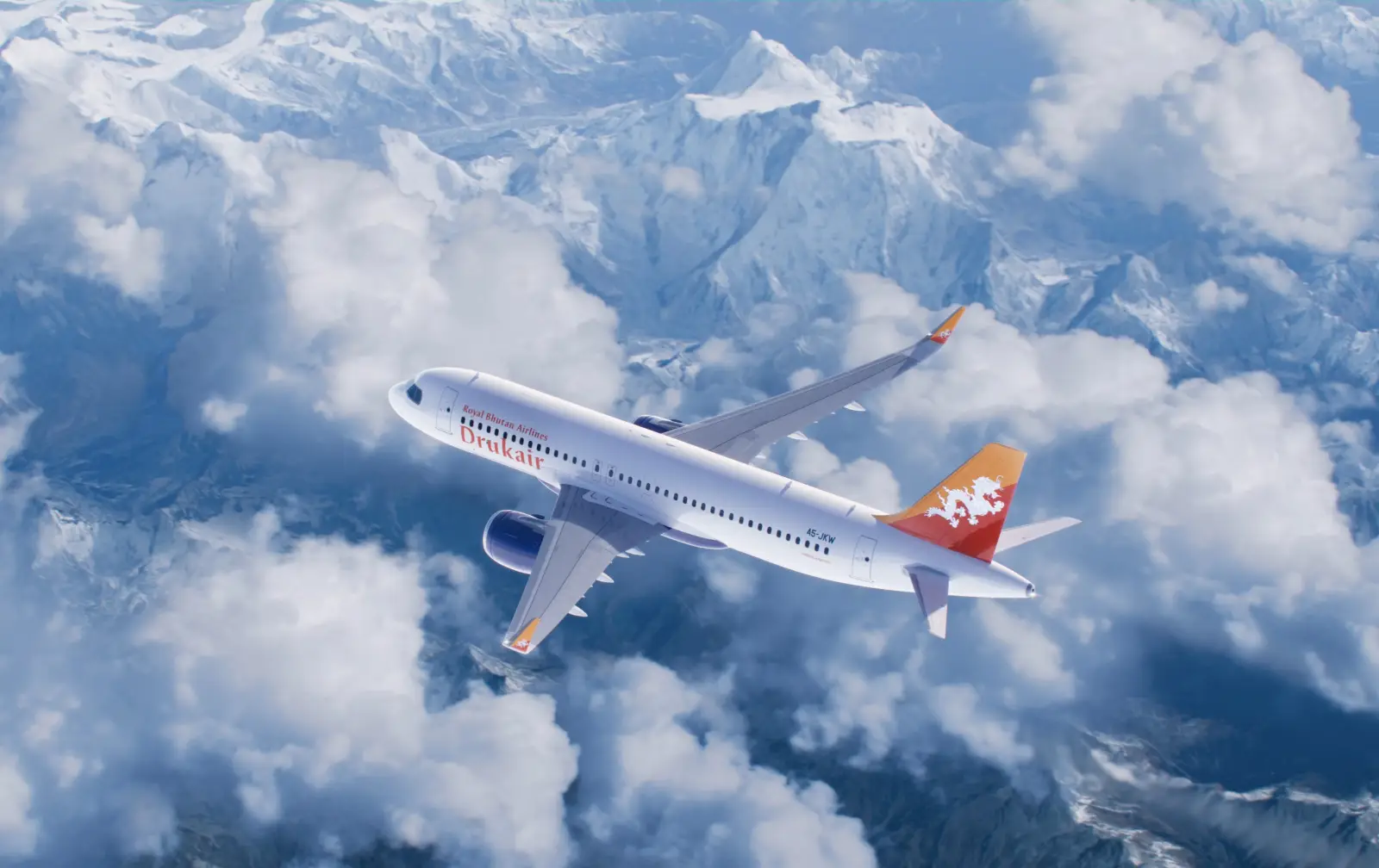 Drukair aircraft flying above Himalayan mountains and clouds en route to Bhutan