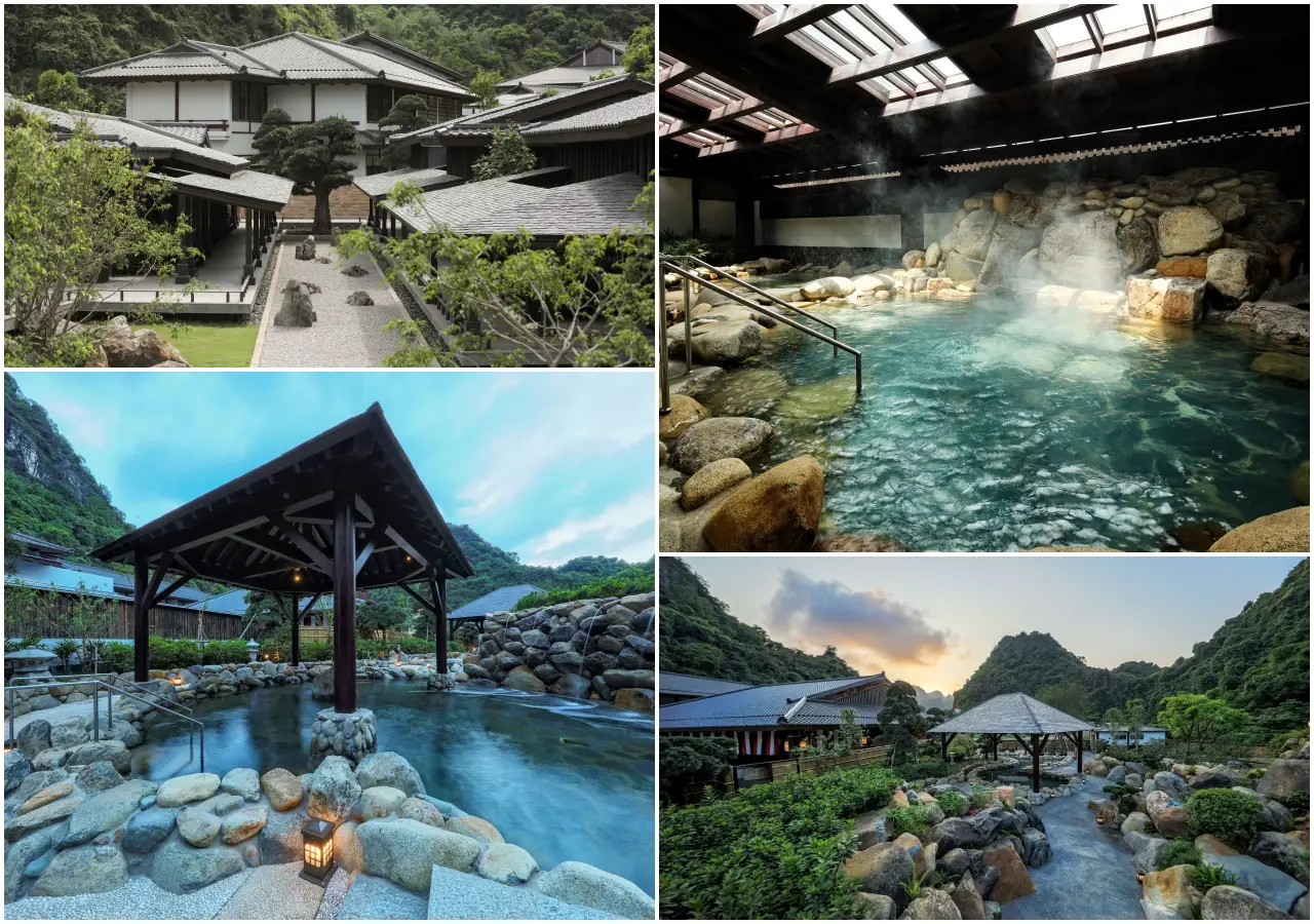 Hilton Quang Hanh Onsen Resort in northern Vietnam featuring traditional architecture and outdoor hot spring baths surrounded by mountains
