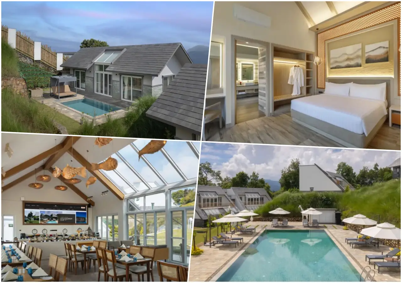 Himalayan Hideaway Resort Pokhara villas, guest room, restaurant and outdoor pool with views of the Annapurna mountains in Nepal.