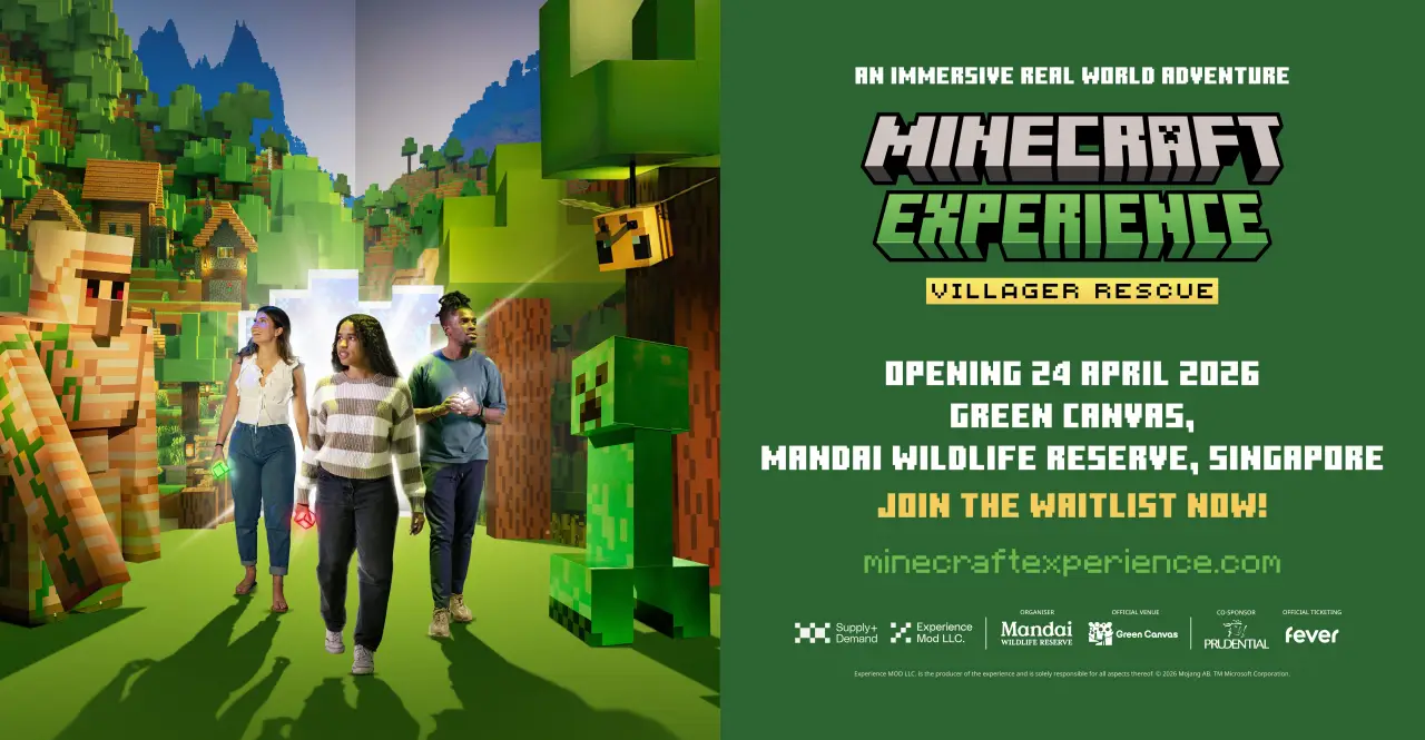 Zombie Attack: Minecraft Experience To Make Its First Stop In Asia In Singapore 4 Promotional poster for Minecraft Experience: Villager Rescue opening April 24, 2026 at Mandai Wildlife Reserve in Singapore.