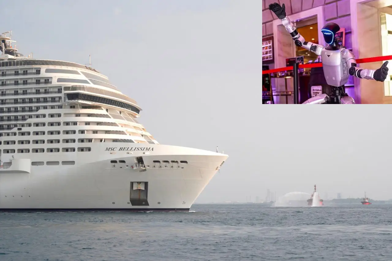 A split-screen composition showing the large white cruise ship MSC Bellissima sailing on the ocean, juxtaposed with an inset image of a silver humanoid robot with a glowing blue digital face waving its hand.