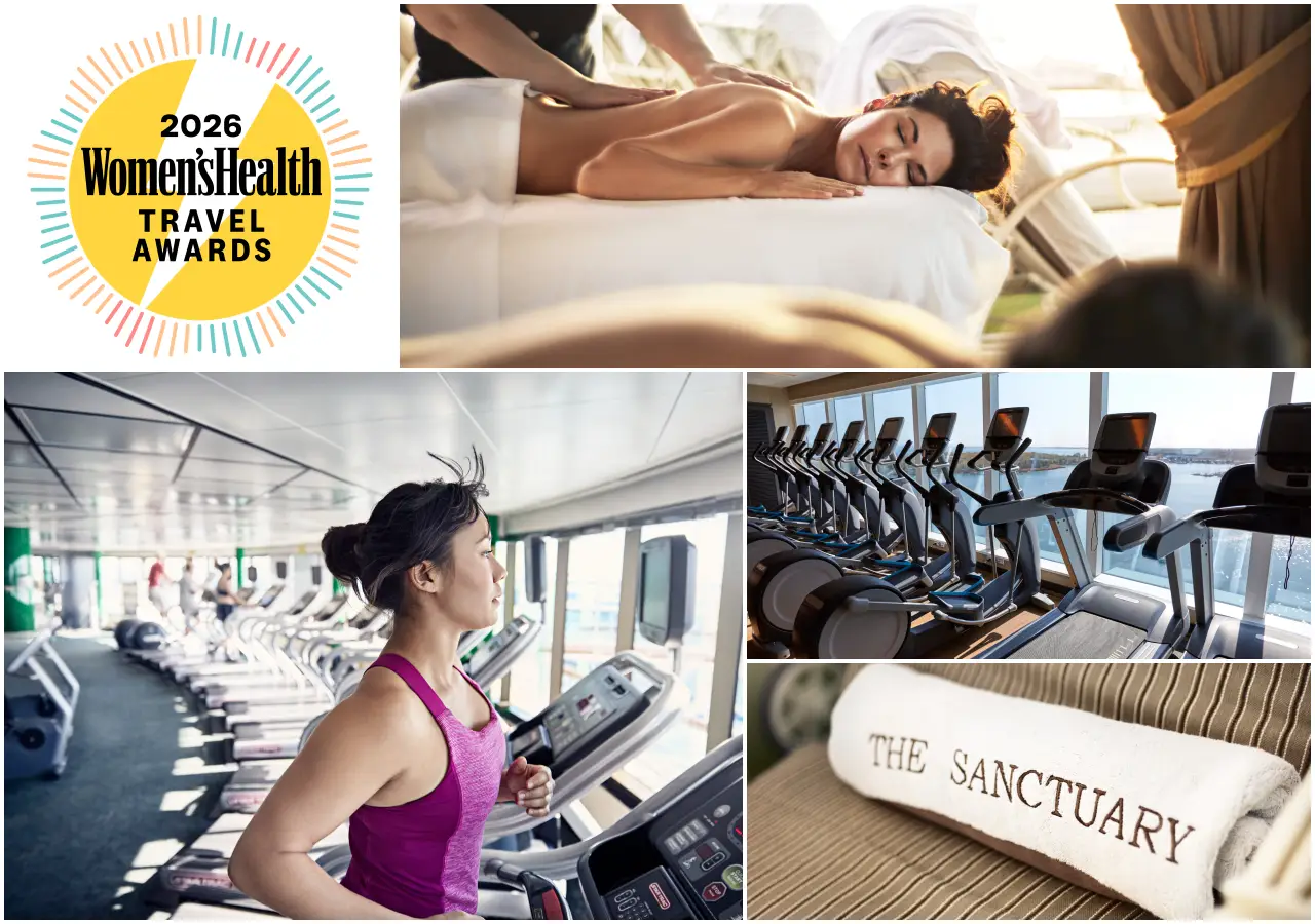Princess Cruises Star Princess wellness features collage with spa treatment, gym, Sanctuary area and Women’s Health Travel Awards 2026 badge