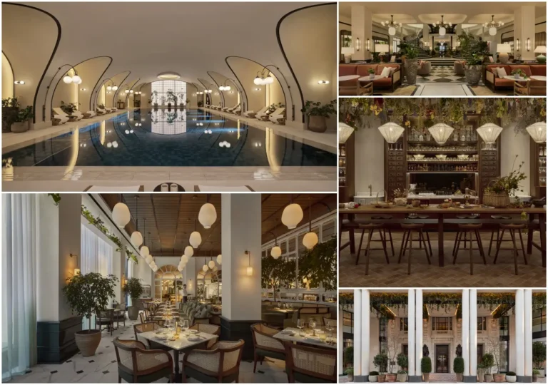 Luxury Travel 36 Interior collage of Six Senses London showing spa pool, lobby, restaurant and bar spaces
