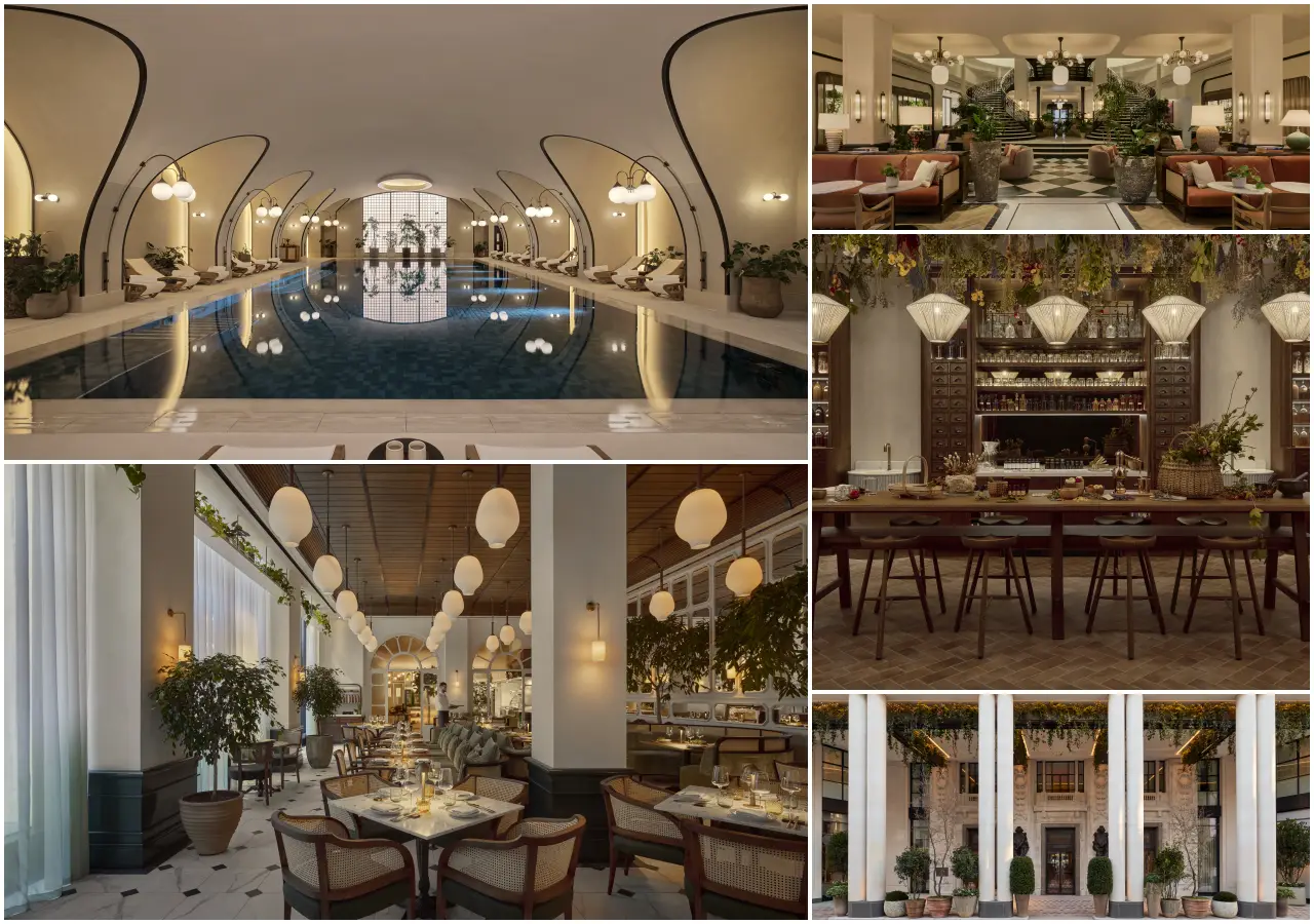 Interior collage of Six Senses London showing spa pool, lobby, restaurant and bar spaces
