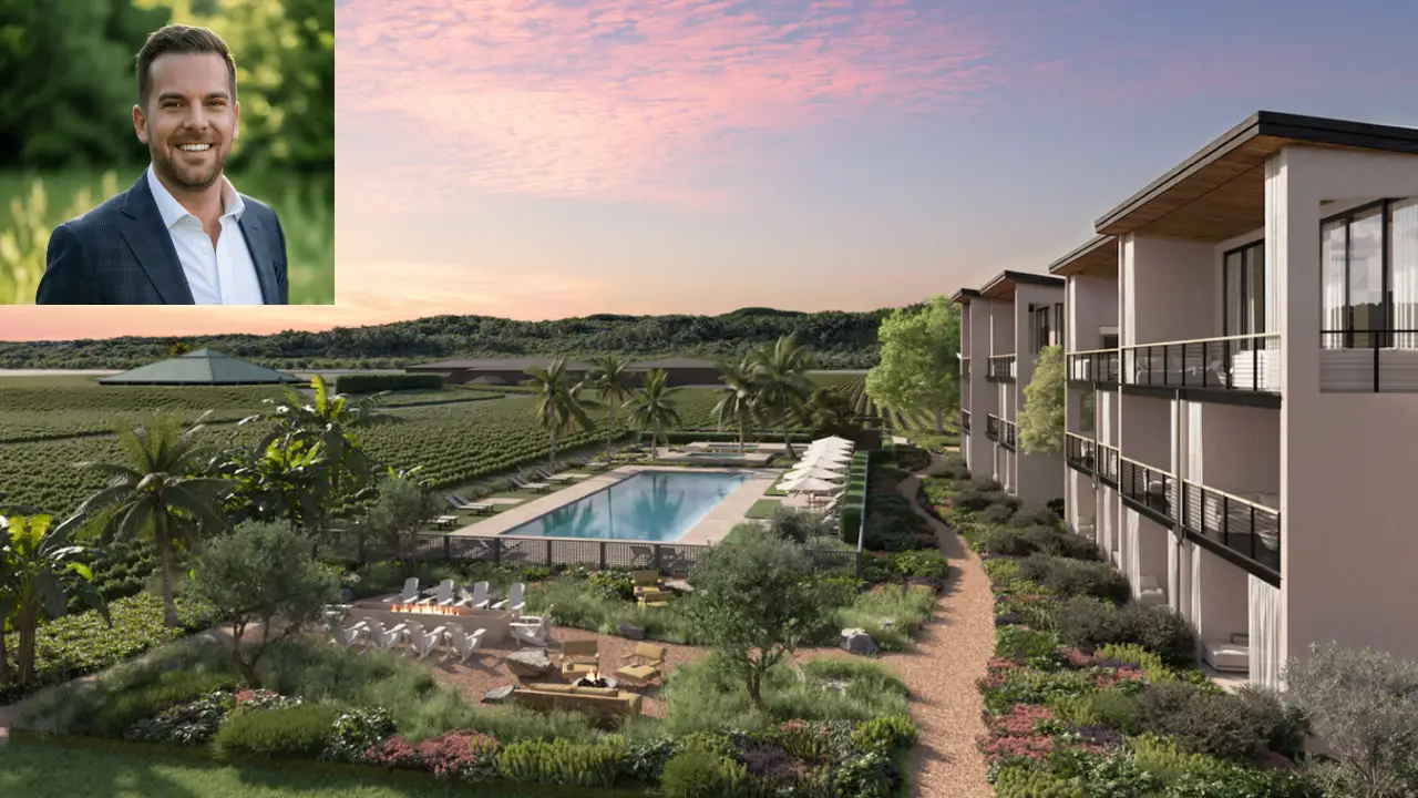 Rendering of The Elene boutique resort in Napa Valley with vineyard views and pool, inset portrait of Cody Felice