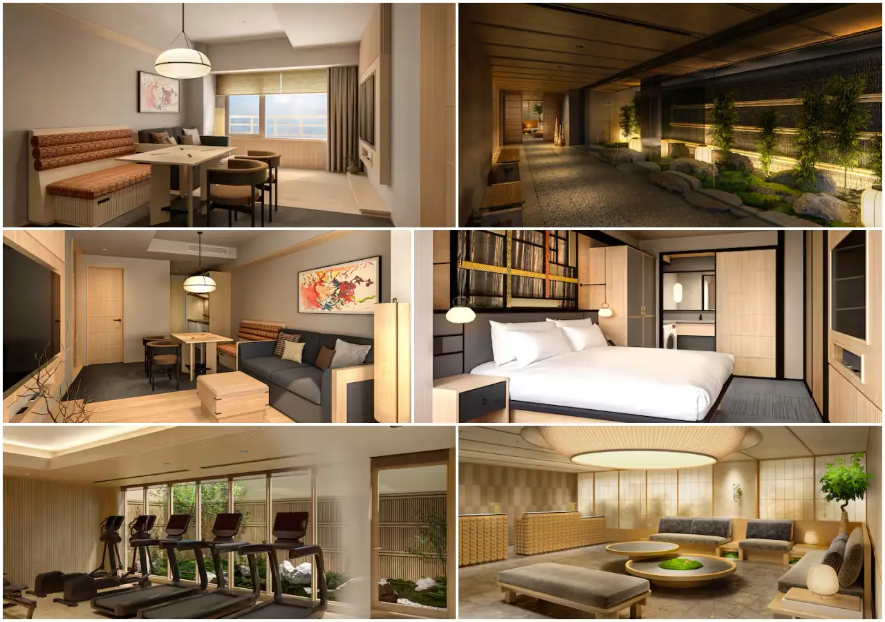 Interiors of Tradimo Kyoto Gojo by Hilton Grand Vacations showcasing suites, bedroom, lobby, fitness area and Japanese-style garden design
