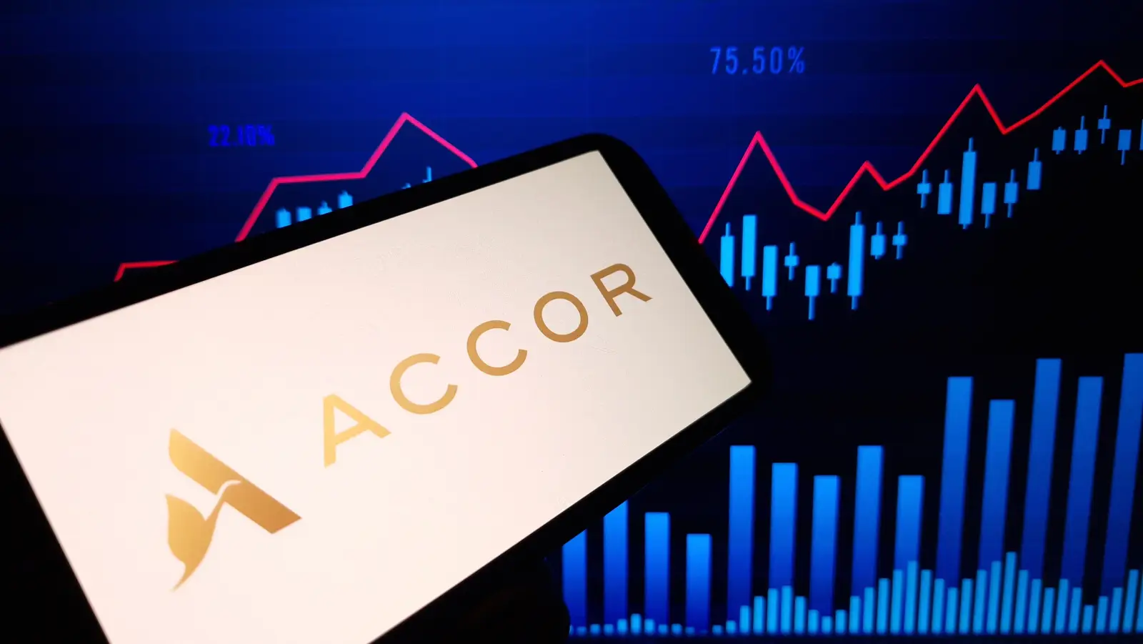 Accor logo displayed on a smartphone with stock market charts showing a sharp share price decline