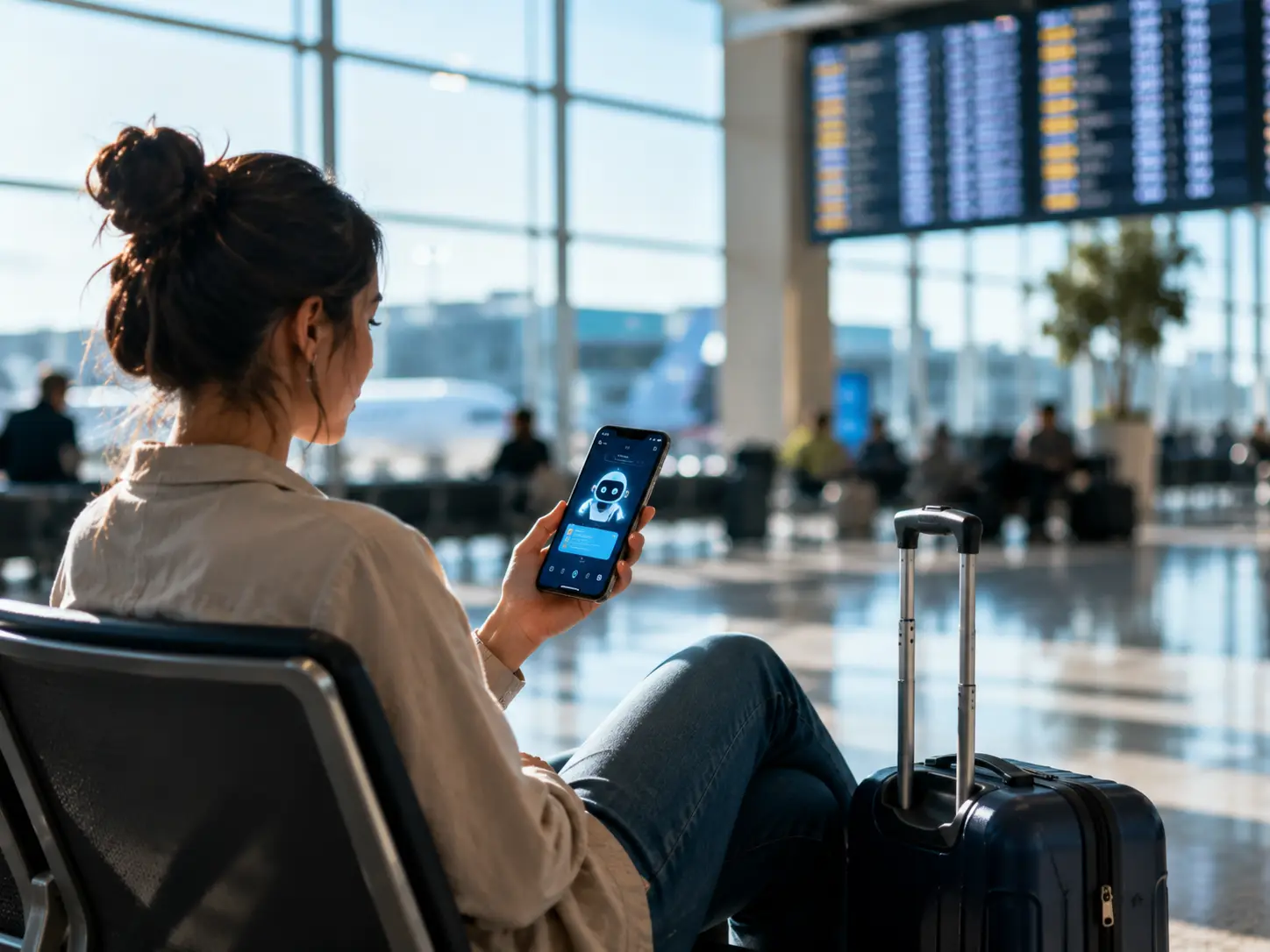How Digital Entertainment Trends Are Reshaping Modern Travel Experiences 2 Traveler using an AI-powered smartphone assistant while waiting in a modern airport terminal with carry-on luggage.