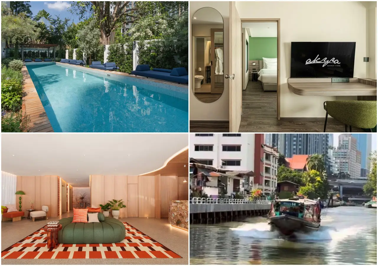 akyra Bangkok 11 hotel collage showing pool, guest room, lobby and canal boat access