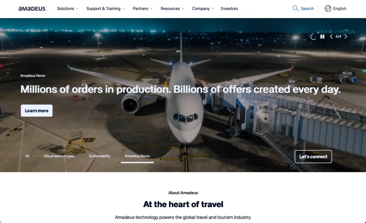 Amadeus travel technology platform homepage with aircraft at airport gate and AI-powered travel booking messaging