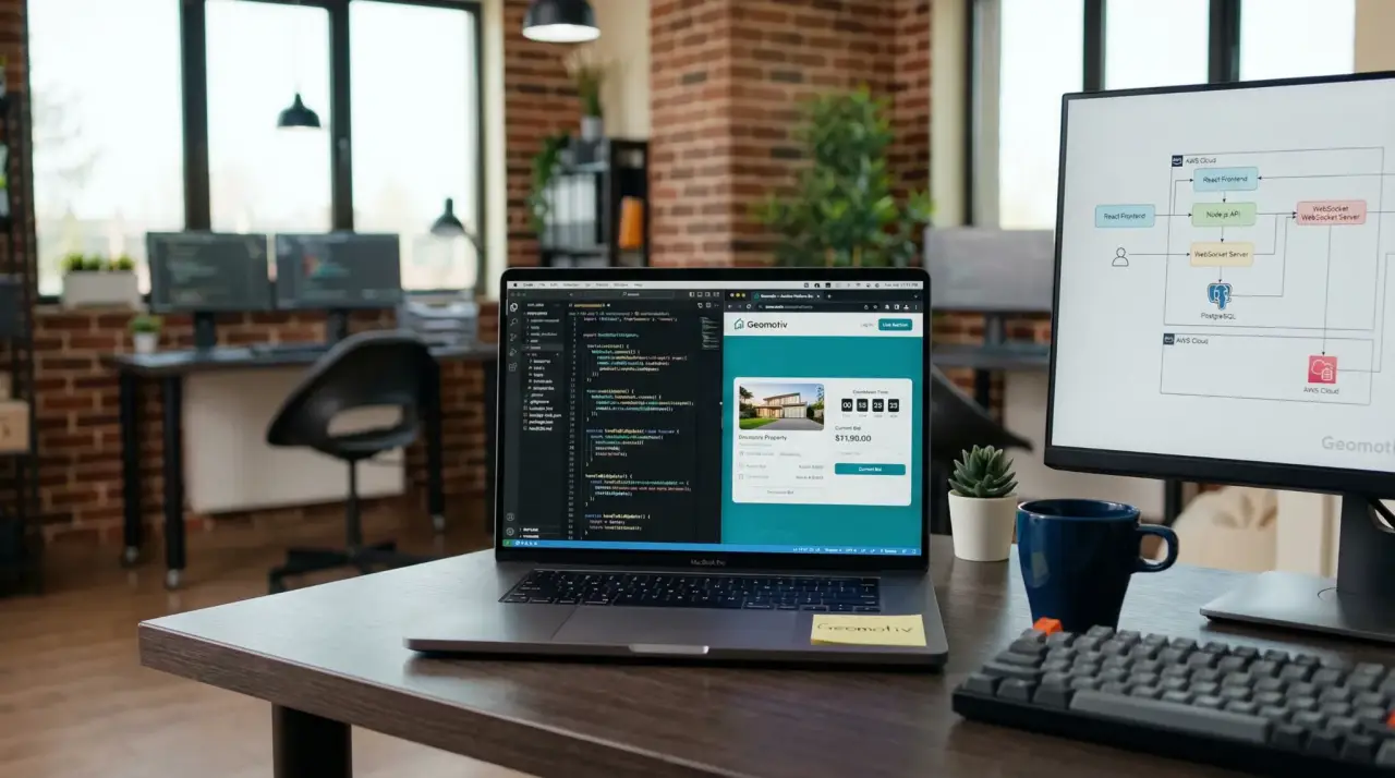 Developer workspace showing custom auction platform code and live bidding interface on laptop with system architecture diagram on external monitor