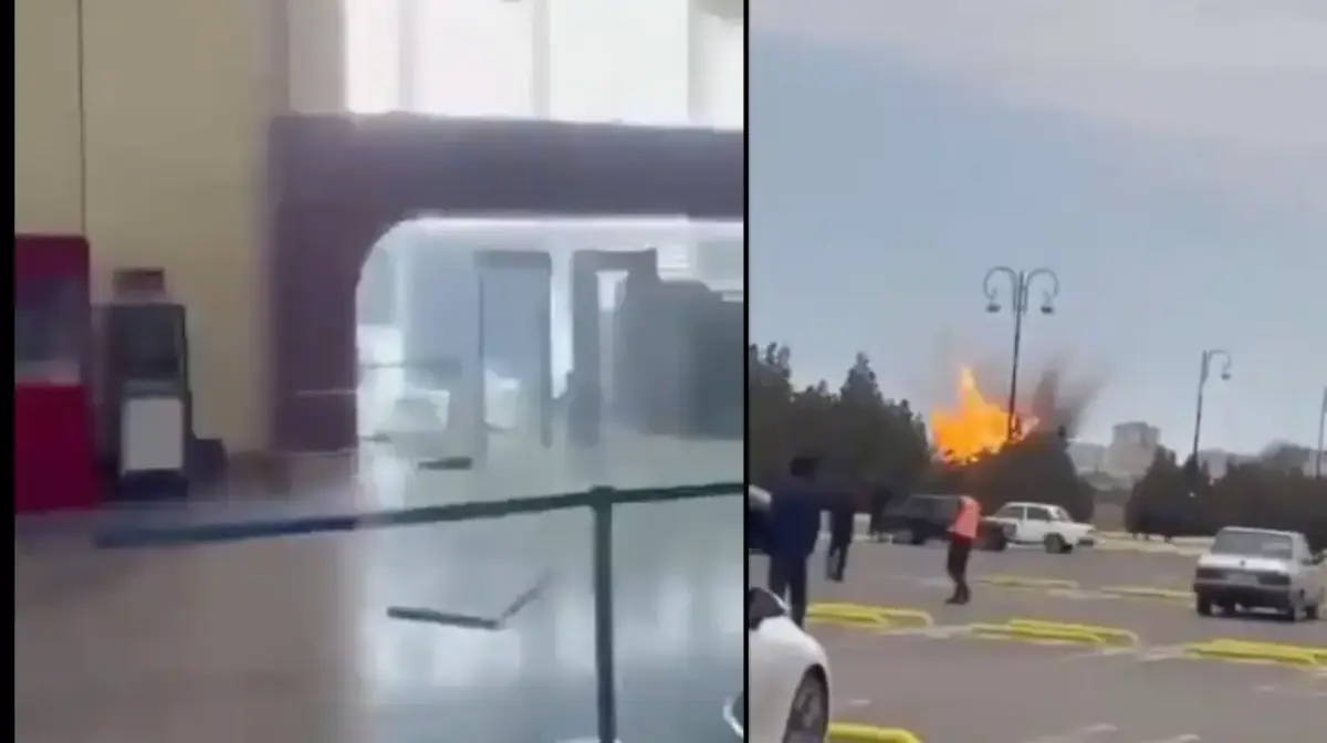 Split-screen image showing interior of Nakhchivan International Airport and explosion outside airport area after reported drone attack in Azerbaijan