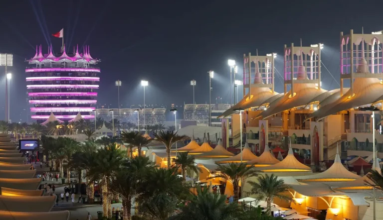 Bahrain International Circuit illuminated at night during a Formula 1 Grand Prix race weekend in Sakhir, Bahrain