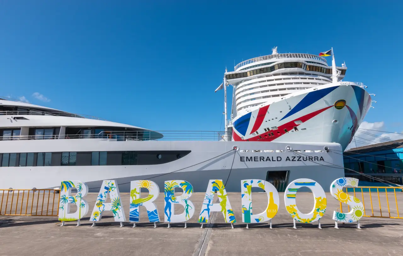 Cruise ships Emerald Azzurra and P&O Arvia docked at Barbados sign in Bridgetown port