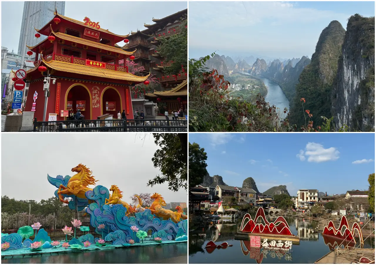 Traditional Chinese temple with red lanterns, Li River karst mountains, Yangshuo town, and Spring Festival horse sculpture in China