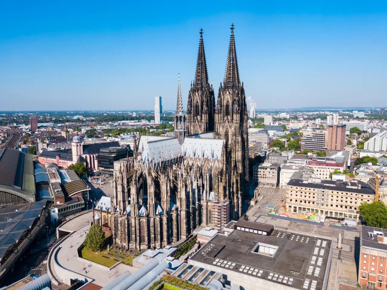 Aerial view of Cologne Cathedral and surrounding city skyline in Cologne, Germany