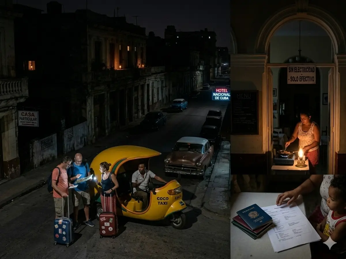 A horizontal 4:3 collage illustrating the impact of nationwide blackouts on tourism in Cuba. The main scene shows a dark Havana street at night with classic cars and a yellow "Coco Taxi." Three tourists with suitcases stand by the taxi, using a flashlight to look at a paper map. To the right, smaller inset images show a woman cooking by oil lamp under a sign that reads "Sin Electricidad - Solo Efectivo" (No Electricity - Cash Only), and a close-up of passports and travel documents on a table in dim lighting.