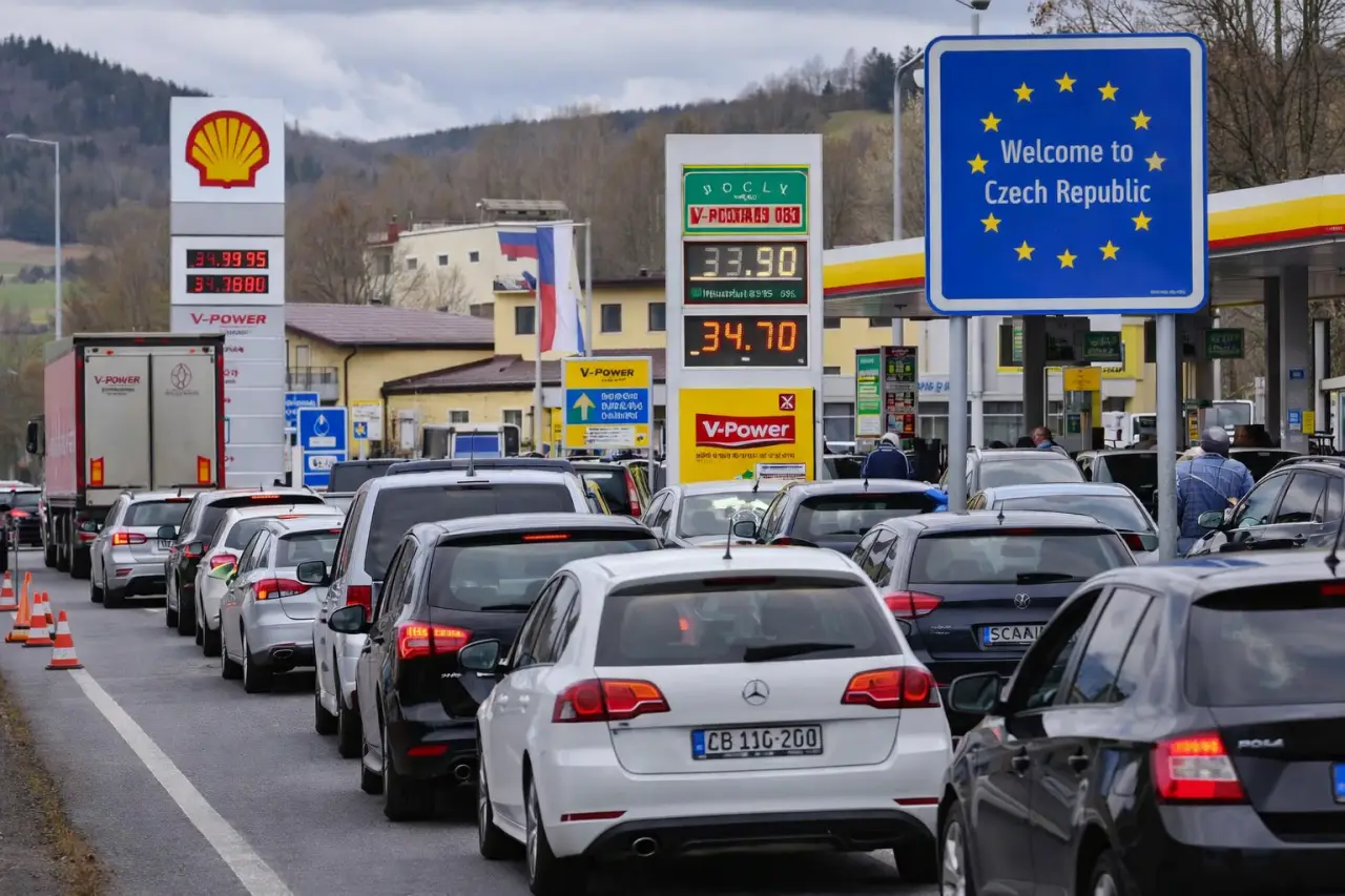 Long queue of cars at a Czech border petrol station as drivers from Germany wait to refuel amid rising fuel tourism