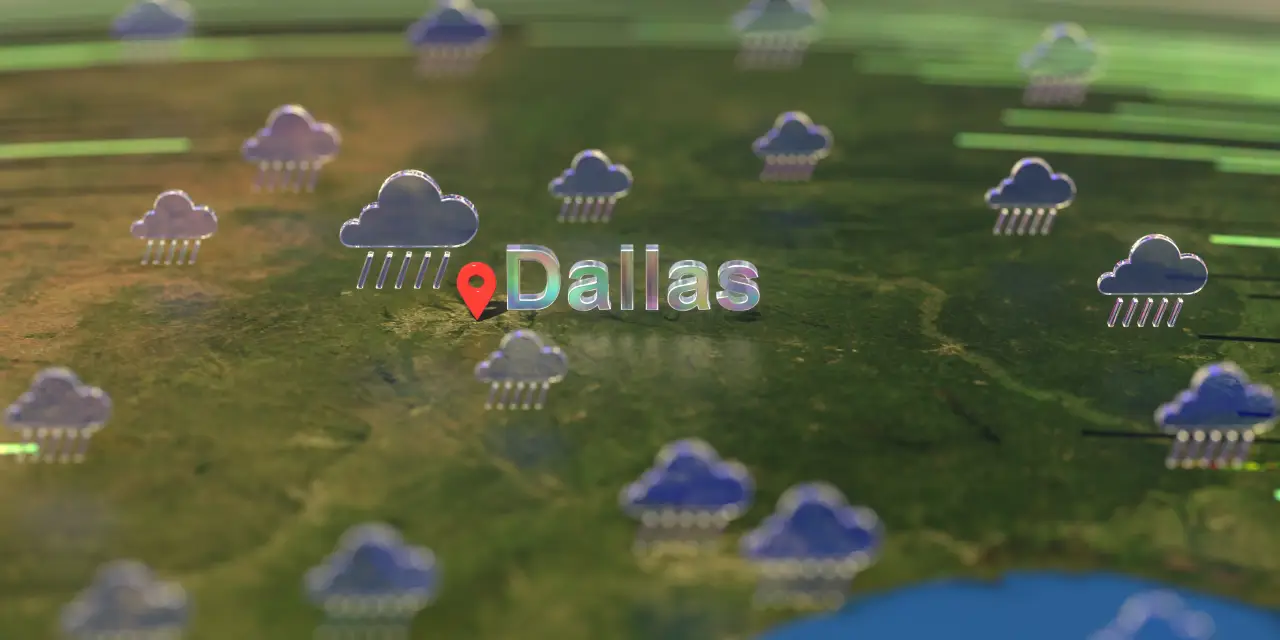 Weather map highlighting Dallas, Texas with rain cloud icons indicating severe storms and flash flood risk.