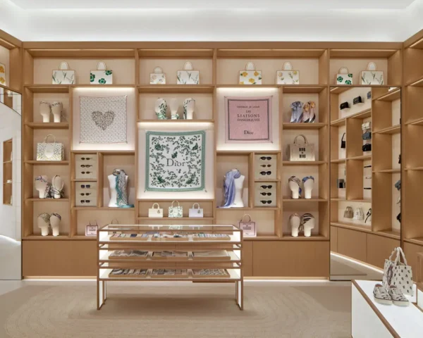 Dior Bamboo Pavilion In Tokyo Blends Japanese Zen With Parisian Heritage 4 Dior Bamboo Pavilion Tokyo retail space displaying scarves, bags and accessories on wooden shelves