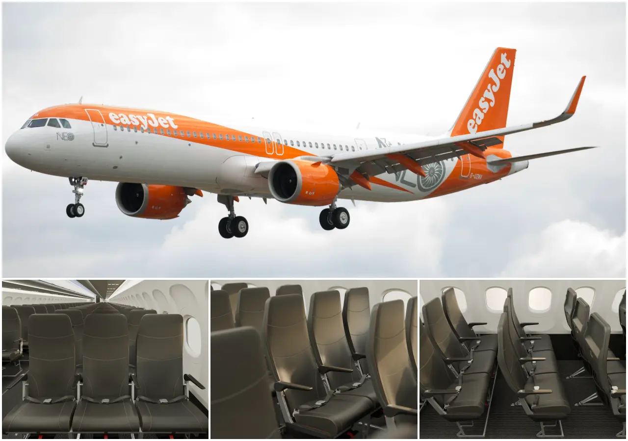 easyJet Airbus A320neo aircraft in flight alongside new Mirus Kestrel economy seats showing lightweight design and increased legroom