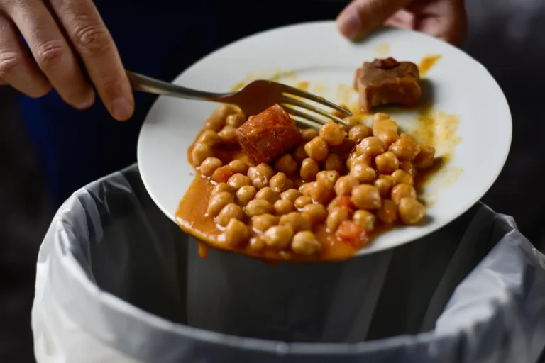 Other News 20 Close-up of a plate of leftover chickpea stew with meat being scraped into a trash bin, highlighting food waste