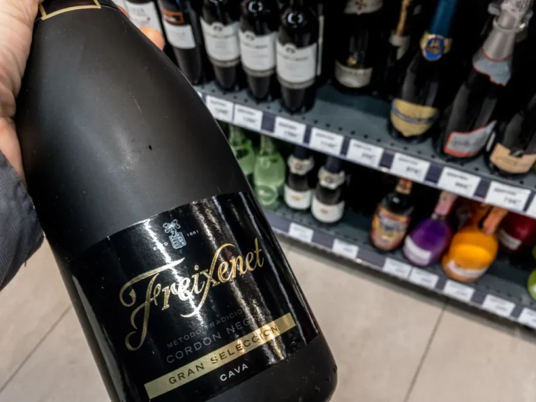 Spain Travel And Tourism News 20 Freixenet Cordon Negro cava bottle held in a store wine aisle with sparkling wine bottles on shelves