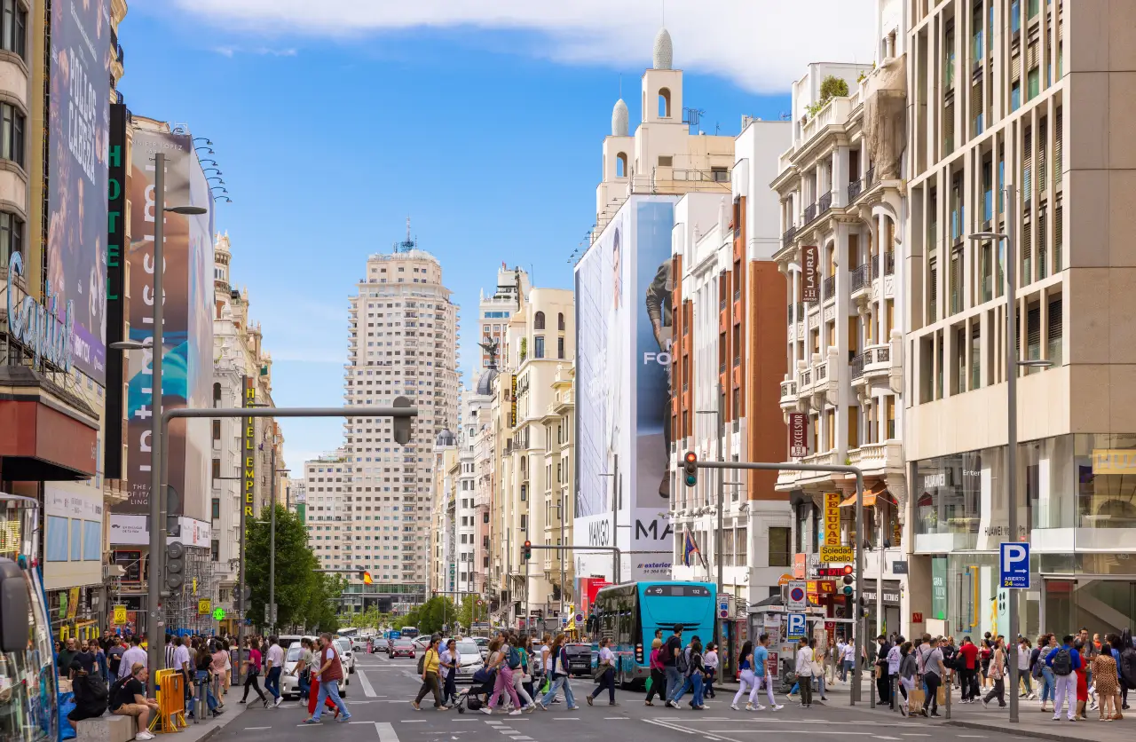 Gran Vía Madrid busy shopping street with pedestrians, shops, hotels and cinemas in central Madrid