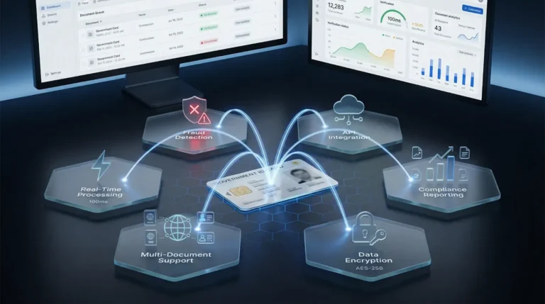 Other News 14 Diagram showing ID scanner software features including fraud detection, API integration, data encryption, compliance reporting, and real-time processing.