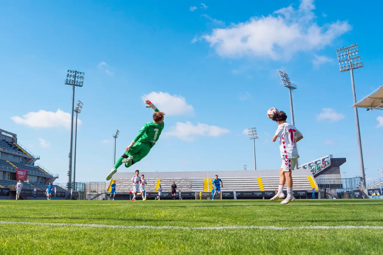 Youth football match action during Junior World Cup Antalya tournament at a stadium in Belek, Turkey.