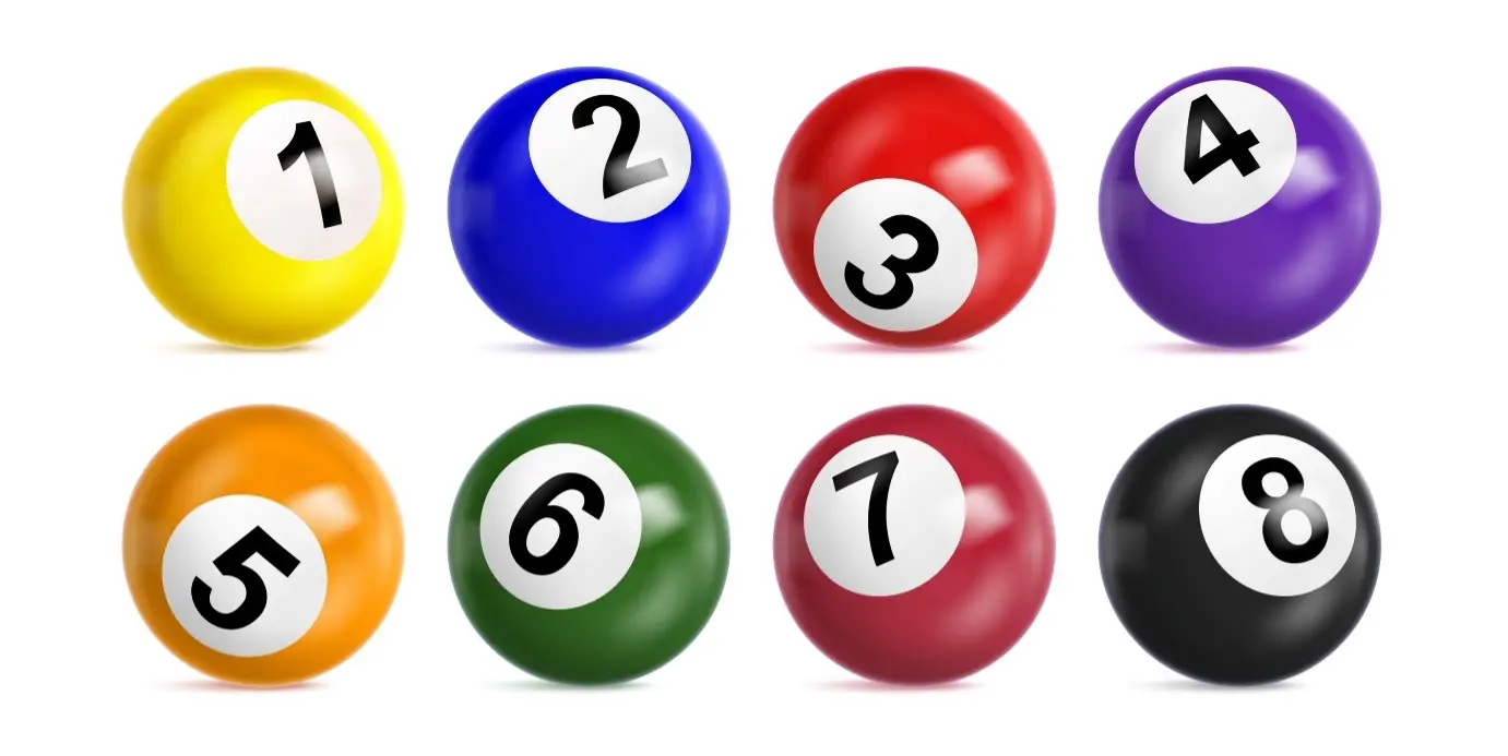 Colorful lottery balls numbered 1 to 8 arranged in two rows on a white background, representing draw games and number selection.