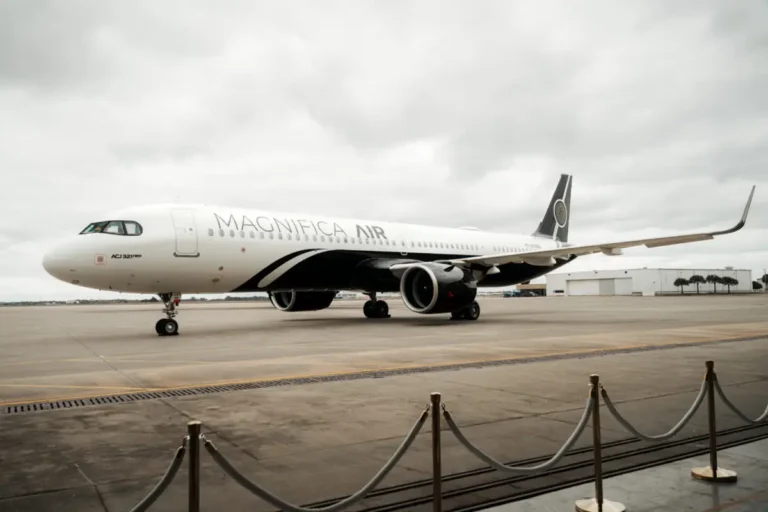 Luxury Travel 35 Magnifica Air Airbus ACJ321neo aircraft with new livery parked on the apron during its unveiling at Orlando International Airport