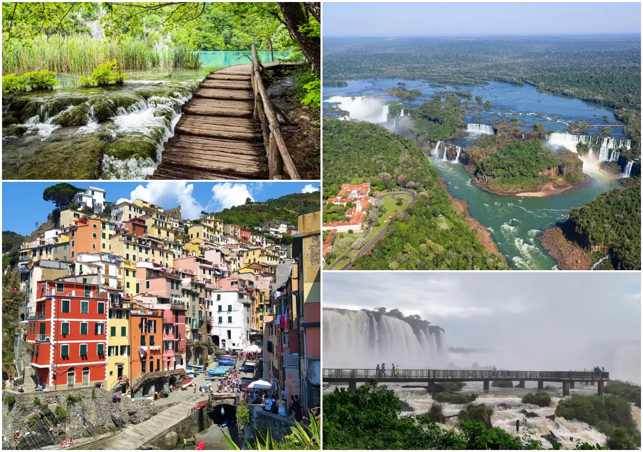 Collage of UNESCO national parks including Plitvice Lakes boardwalk, Iguazu Falls aerial view, Cinque Terre village, and waterfall viewpoint