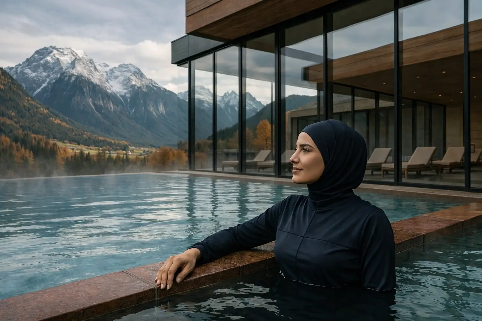 Muslim woman relaxing in an outdoor spa pool with mountain views at a luxury wellness resort