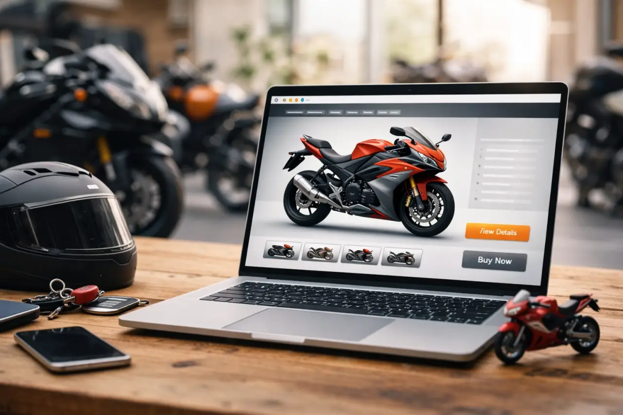 Laptop displaying online motorcycle listing with helmet, keys, and smartphone on wooden table in a modern garage setting