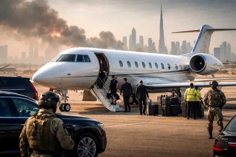 Luxury Travel 38 Private jet boarding on Gulf airport tarmac amid regional security tensions