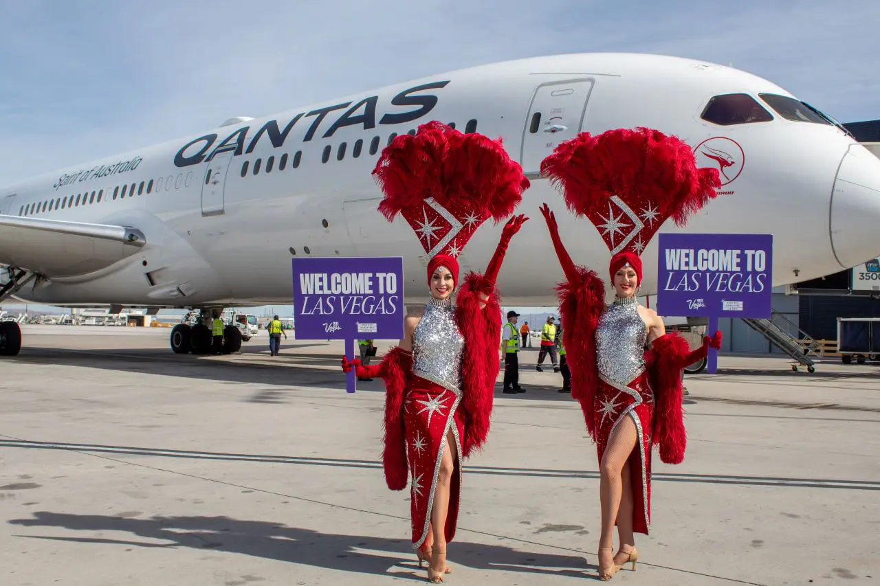 Las Vegas showgirls welcoming Qantas Boeing 787 Dreamliner aircraft promoting new direct Sydney to Las Vegas flights