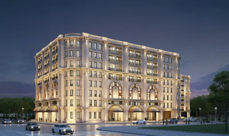 Luxury branded residences building in Hanoi at night with illuminated façade and classic architecture