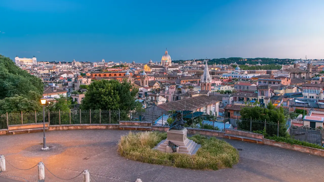 Panoramic view of Rome skyline at sunset with historic rooftops and St Peter’s Basilica dome