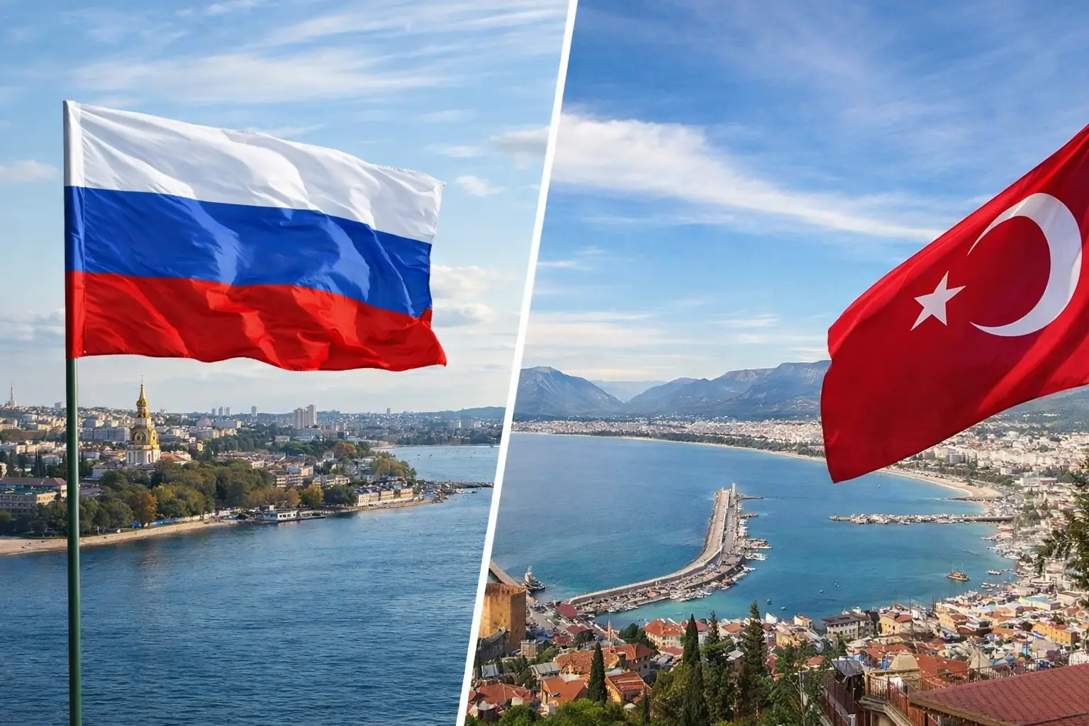 Split image showing Russian flag over coastal city and Turkish Riviera in Antalya