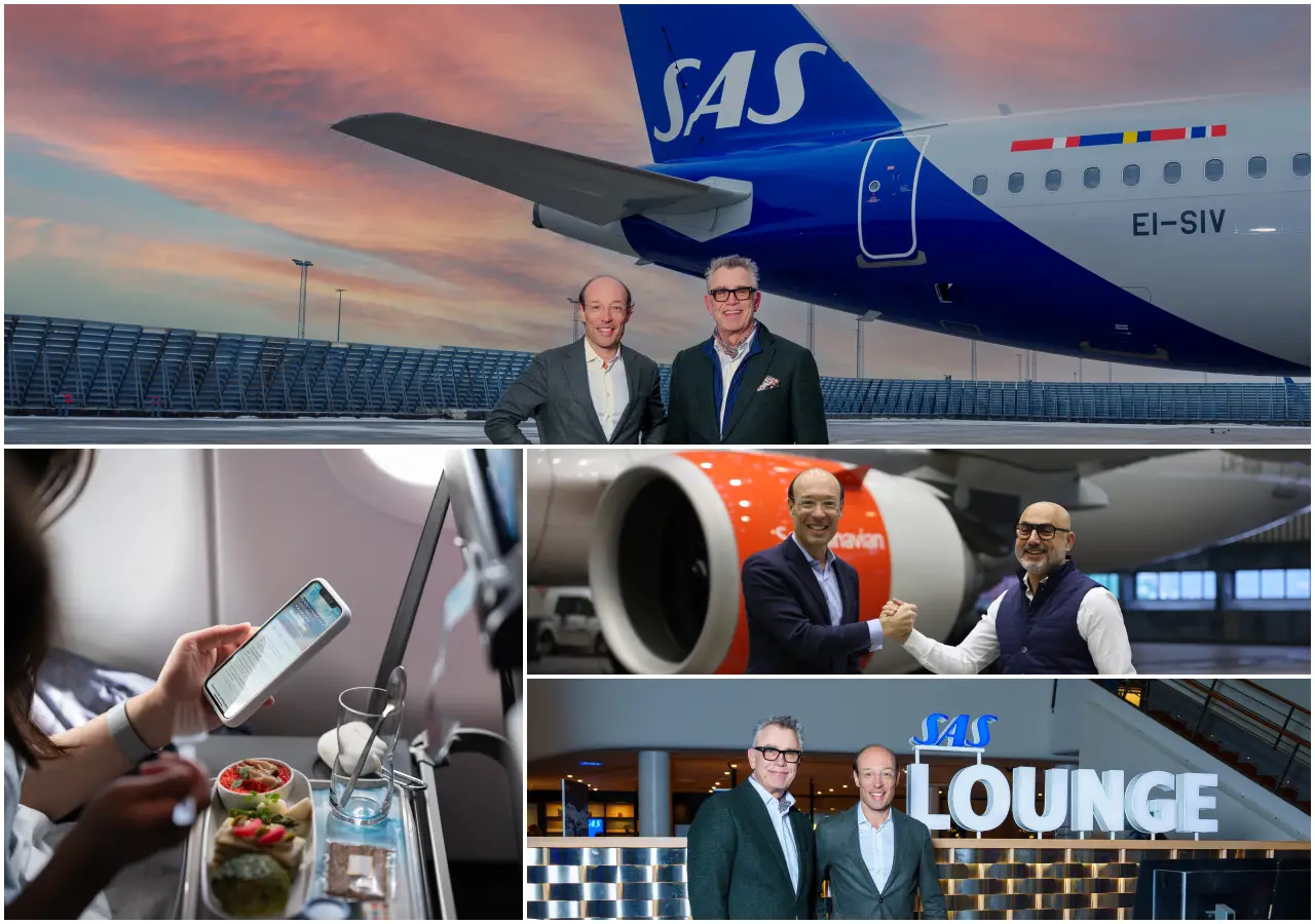 SAS and 3 executives announce partnership beside aircraft, with inflight connectivity, Starlink WiFi use, and SAS lounge scenes illustrating enhanced passenger experience.
