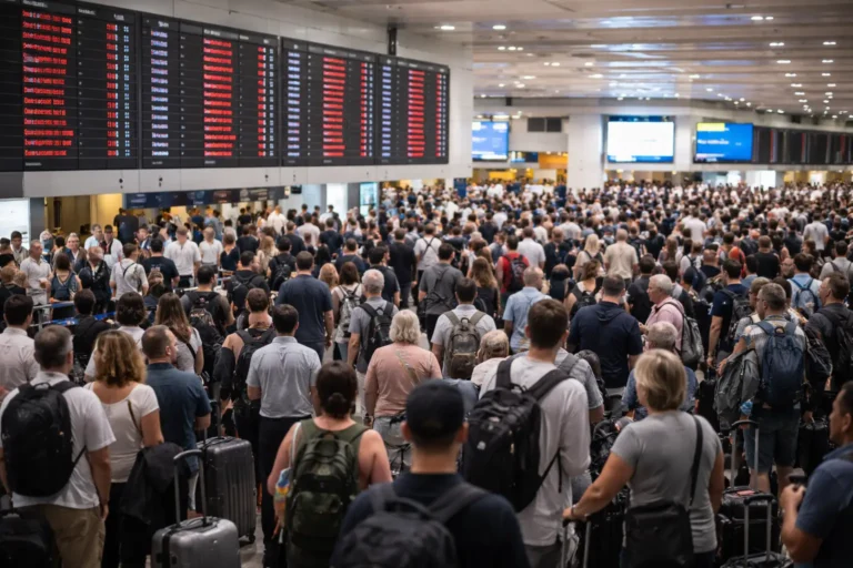 Tours 15 Thousands of stranded travelers crowd an airport terminal as flight information boards display widespread cancellations after Middle East airspace closures.