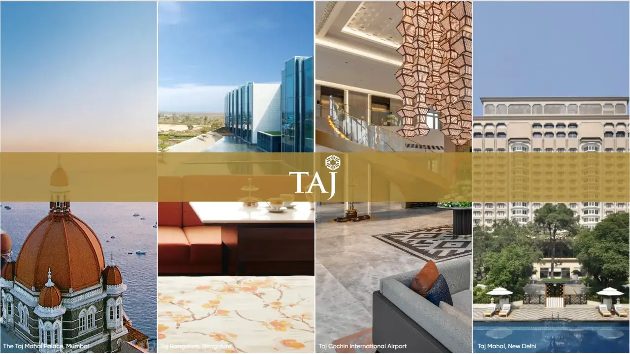 Taj Hotels luxury properties collage featuring Taj Mahal Palace Mumbai and other Taj hotels in India