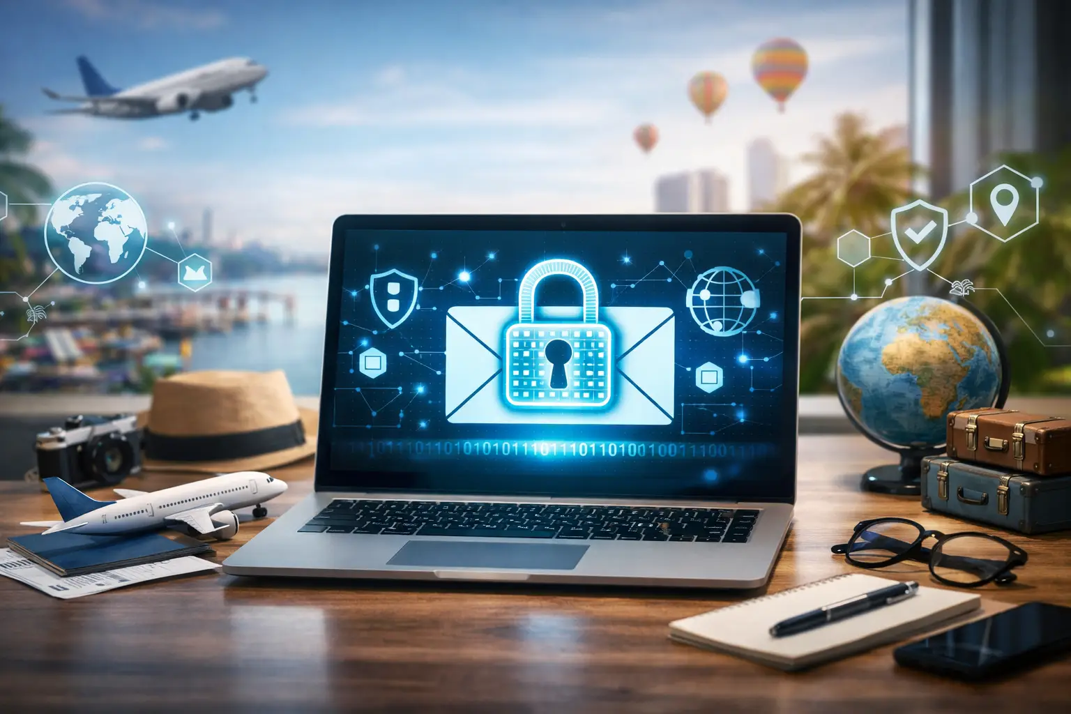 Secure email and cybersecurity concept for global tourism industry with laptop, lock icon, airplane model and travel items on desk