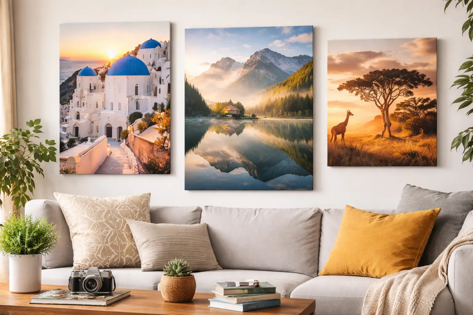 Travel-inspired canvas prints featuring Santorini, mountain lake, and African savannah displayed above a modern living room sofa
