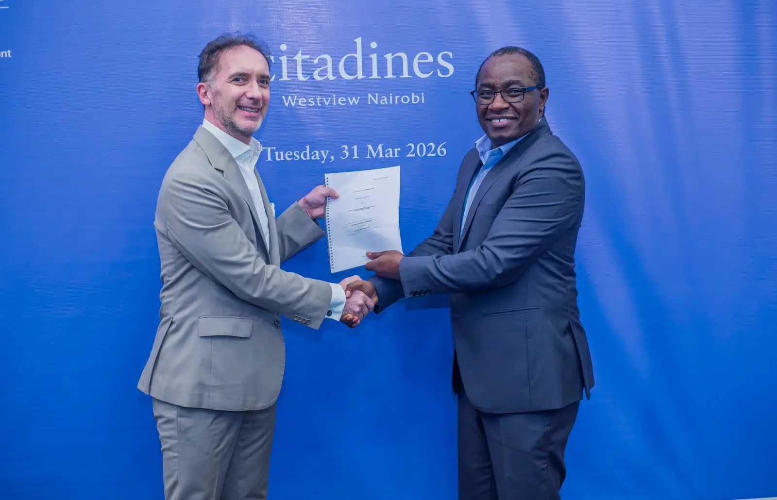 Ambrose Dabani -CEO & Principal Officer Britam Life Assurance Vincent Miccolis – Managing Director Middle East, Africa & Turkey – The Ascott Limited at signing ceremony for the upcoming Citadines Westview Nairobi Hotel.