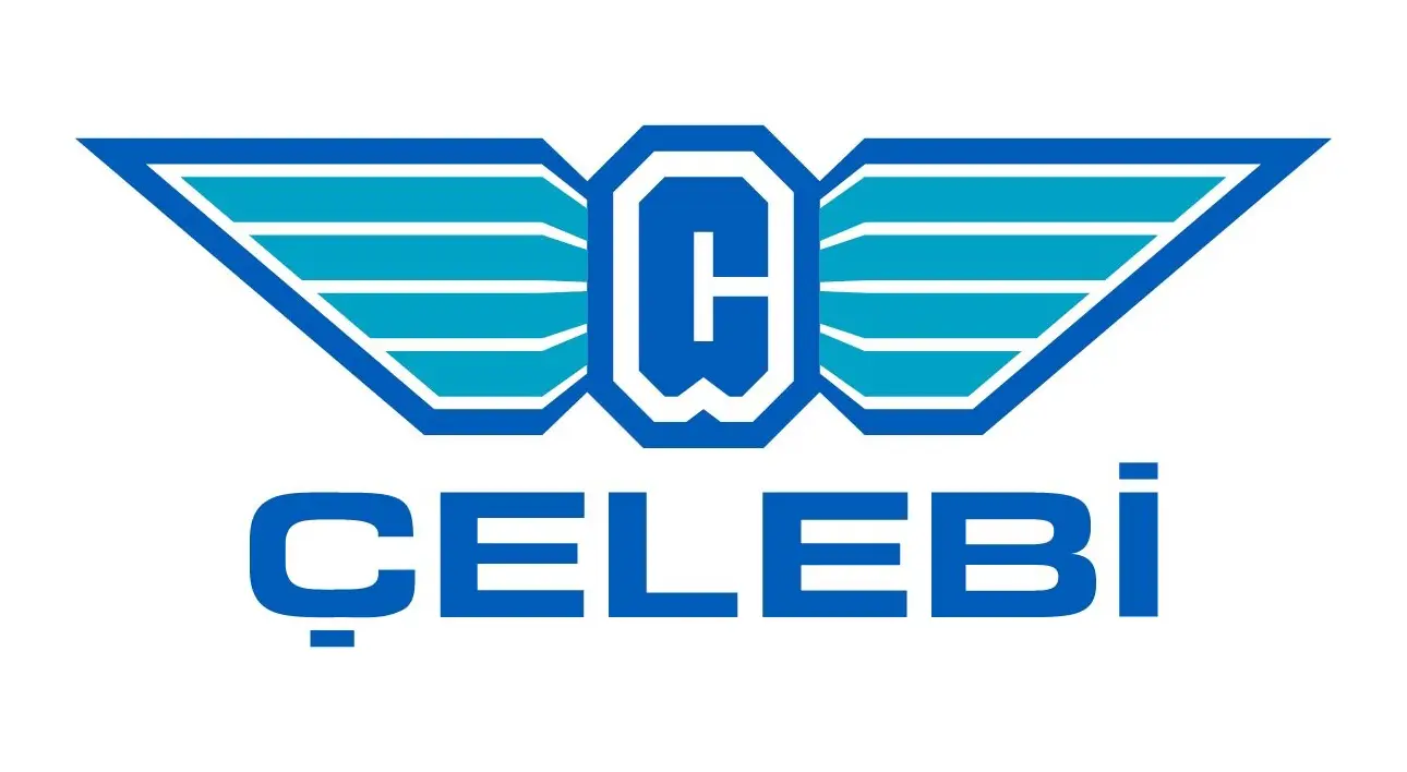 Çelebi Aviation logo featuring stylized wings and blue lettering on white background