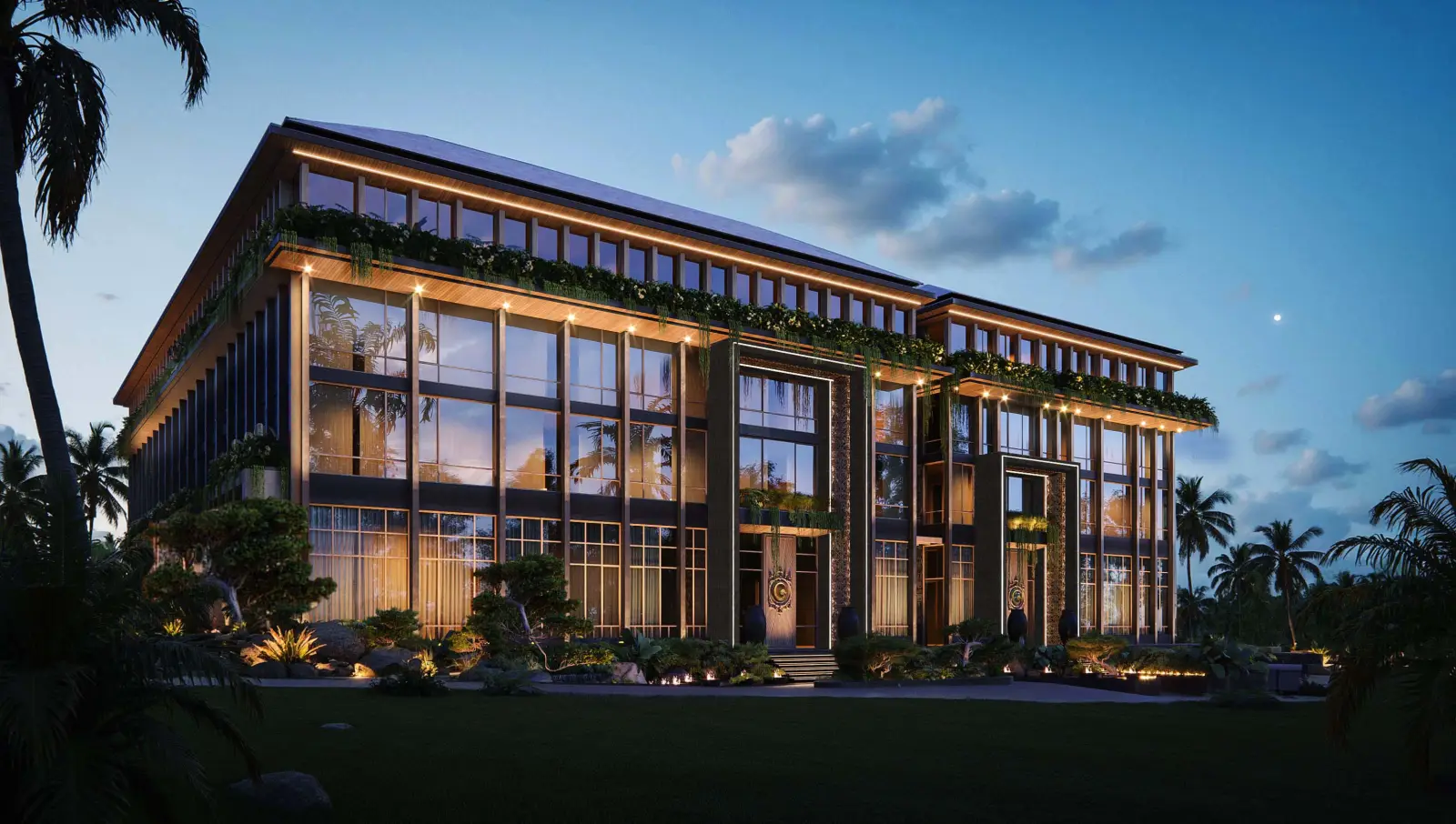 Luxury Bali resort exterior at dusk with illuminated glass facade, tropical landscaping and palm trees