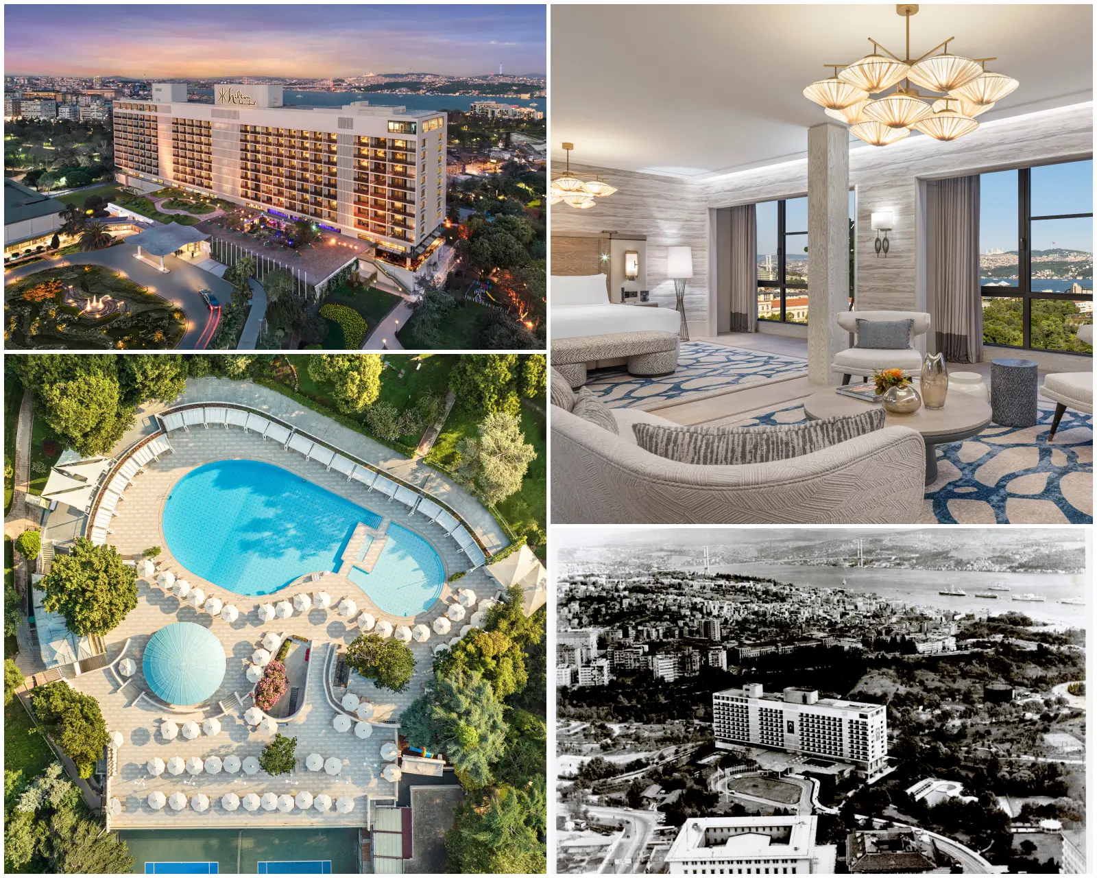 Collage of Hilton Istanbul Bosphorus showing hotel exterior, renovated suite interior, iconic outdoor pool and historic black-and-white aerial image